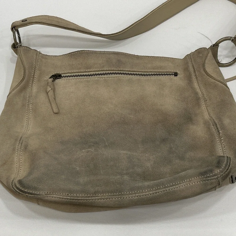 Guess Leather Suede Beige Tan Y2K‎ Hobo Shoulder Fringe Top Zip HandBag Purse